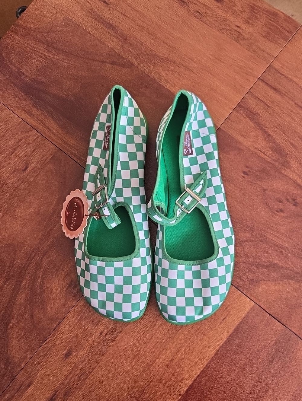 Hot Chocolate Design Green & White Check Mary Jane Flats Women's Sz 8/38